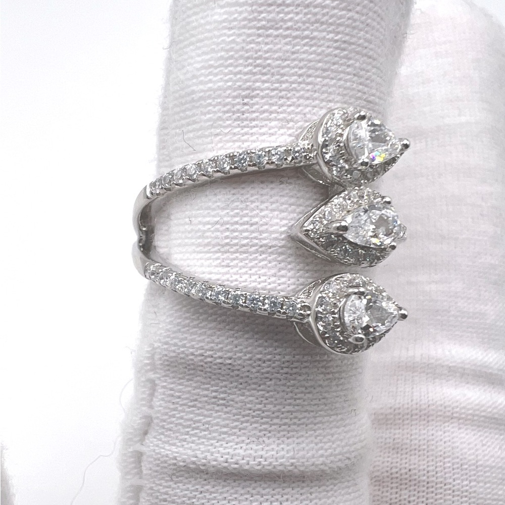 Halo Triple Pear .925 Sterling Silver Wrap Design Cz Ring - Picture 12 of 15